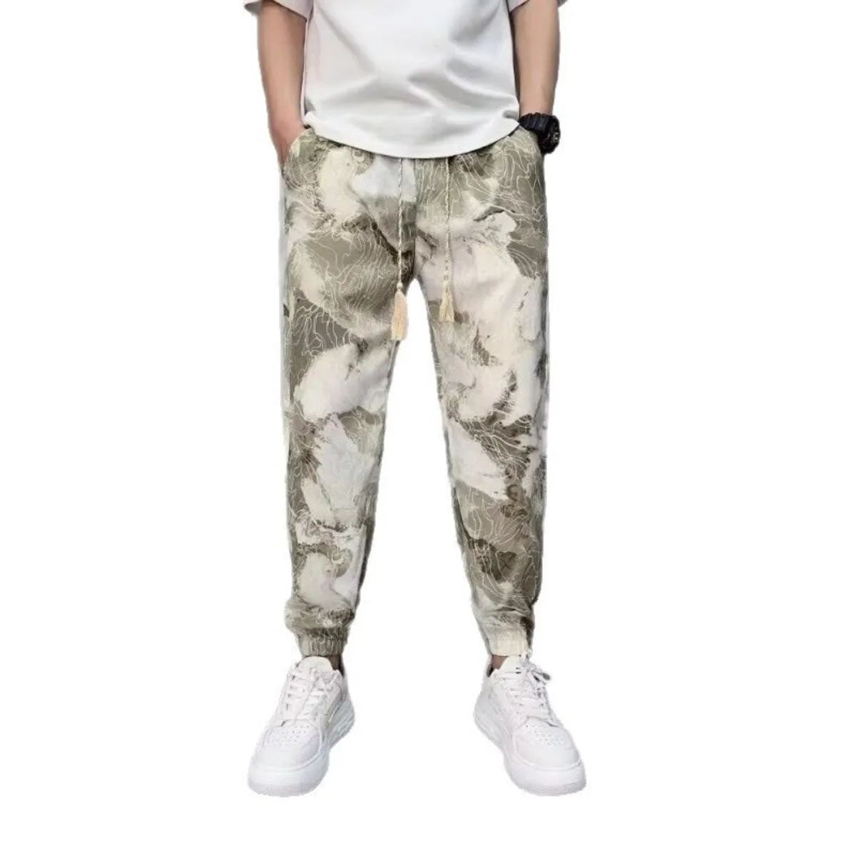 

New Fashion Spring Summer Men's Straight Casual Pants Fashion Pocket Drawstring Guofeng Printing Breathable Sports Trousers