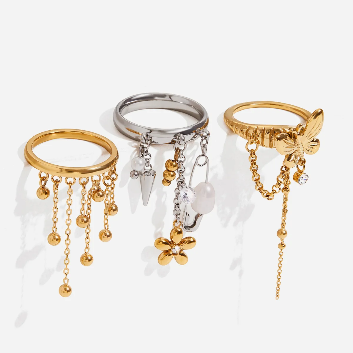 3 Pcs Tassel Charm Ring Set, Gold Silver Tone Butterfly Flower Safety Pin Dangle Chain Statement Stackable Rings for Women