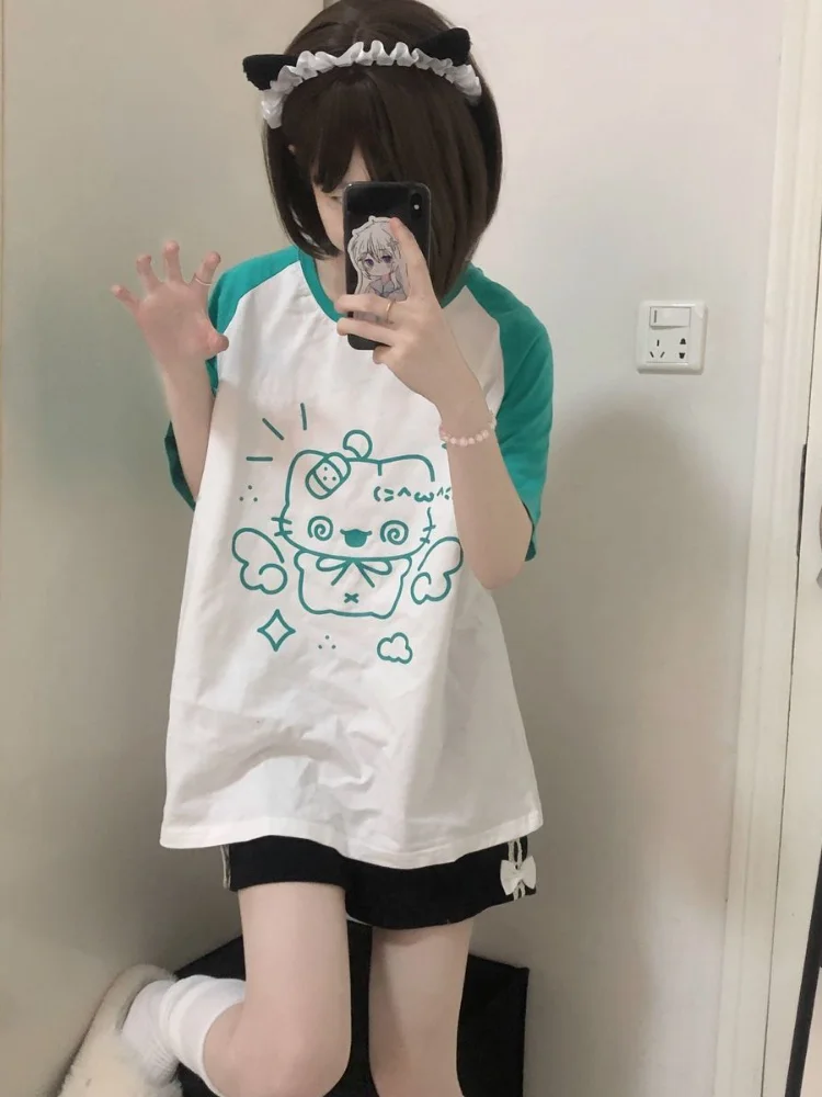 Y2k Aesthetic Summer Loose T-shirt 2024 Casual O Neck Japanese Kawaii Cartoon Top Women Short Sleeve Fashion Sweet Harajuku Tees