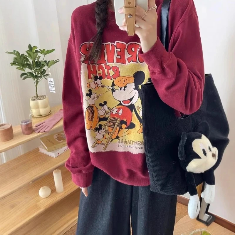 Women's Cream Oversized Crewneck Sweatshirt | Vibrant Mickey Mouse Cartoon Graphic Print Casual Cute Daily Streetwear Top
