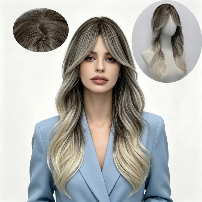 Popular in Europe and America: Eight-shaped bangs, curly hair, breathable rose net, matte silk wig, full headpiece