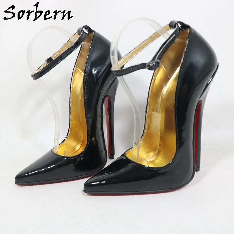 Sorbern أسود لامع مثير النساء حذاء بكعب مع حزام الكاحل وأشار أصابع الذهب بطانة الخناجر 16 سنتيمتر عالية الكعب لون مخصص