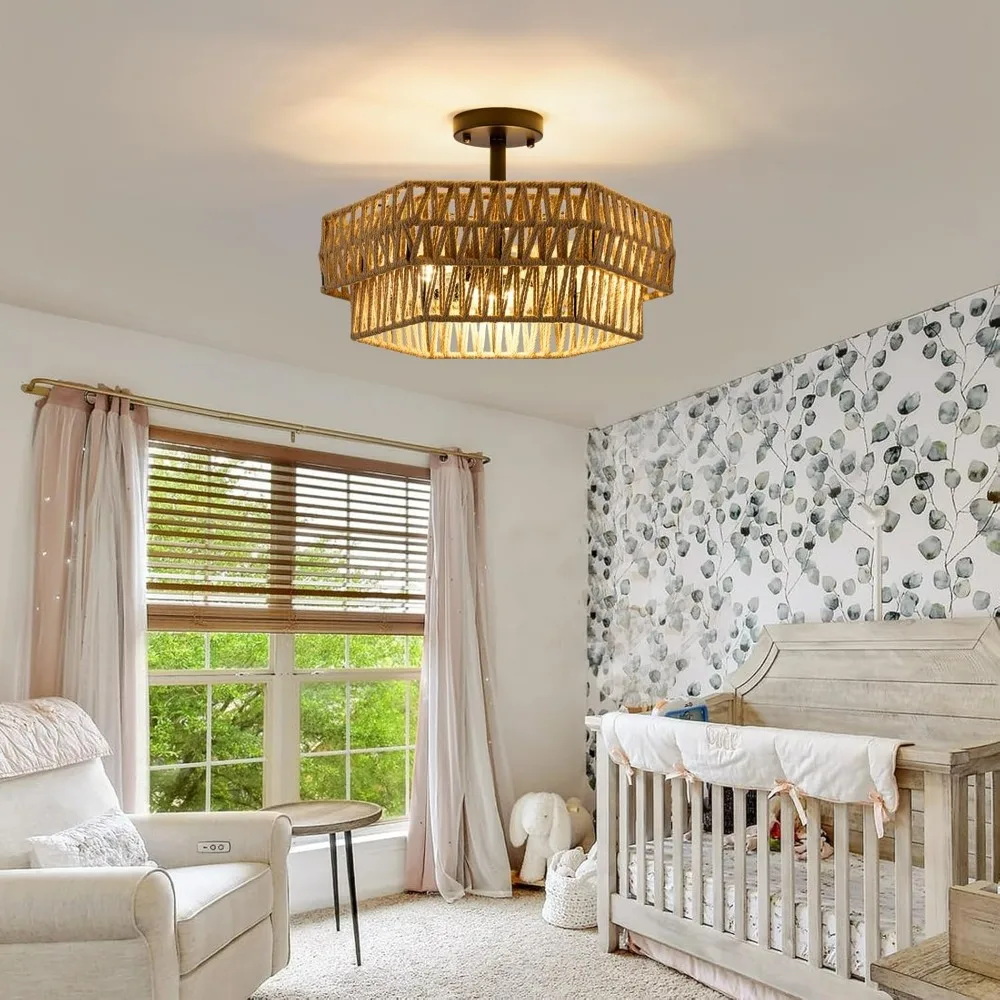 ريفي بوهو 3-Light شبه فلوش جبل تركيبات السقف مع حبل القنب المنسوج وتصميم سداسية مزدوجة #2