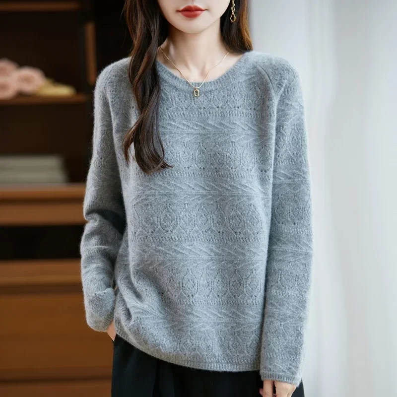 

2025 New Women's 100% Wool Hollow Out Knit Sweater, Slim Fit Breathable Pullover Long Sleeve Round Neck Top
