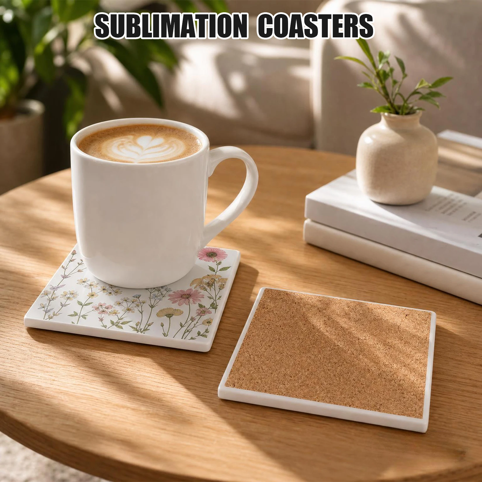 Sublimation Blank Coaster Set, Square & Round Ceramic Blanks with Cork Back, 3.94