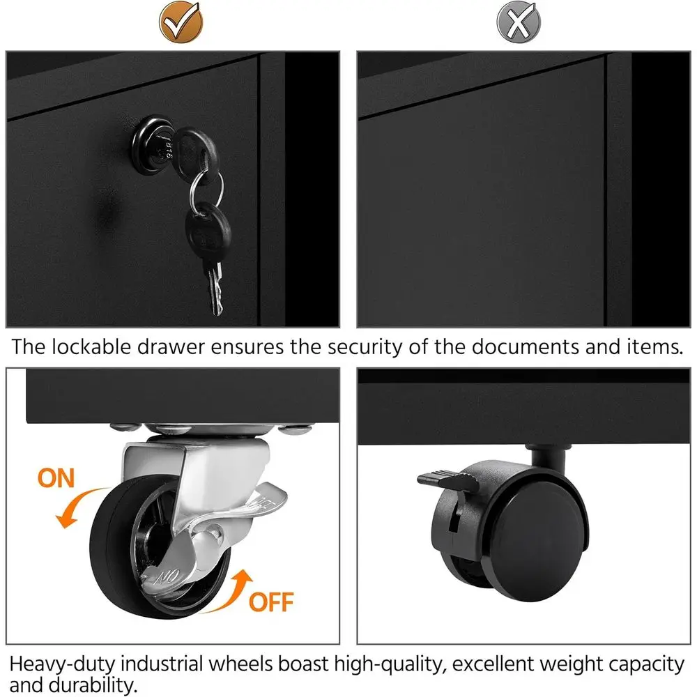 2-Der ile Cabinet with Lock, Under Desk Storage, Black | Lockable der holds hanging iles; a small der and open shel it under a d - view 6
