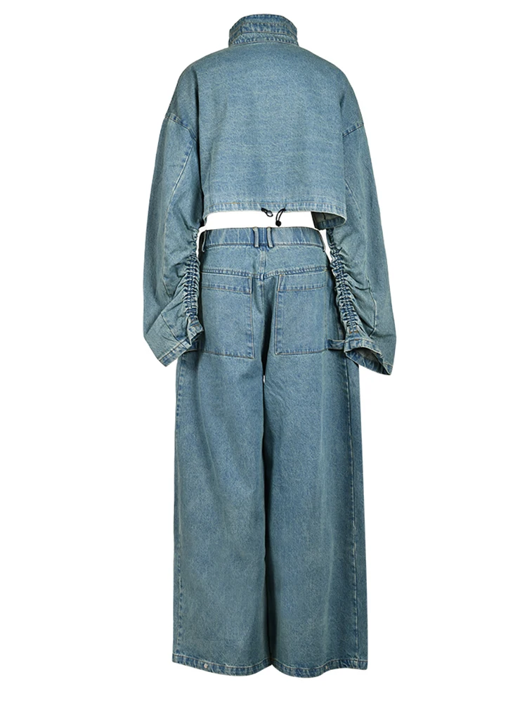 [EAM] Blue Denim Jacket Big Size Wide Leg Pants Two Piece Suit New Stand Collar Women Fashion Tide Spring Autumn 2024 CPG0370