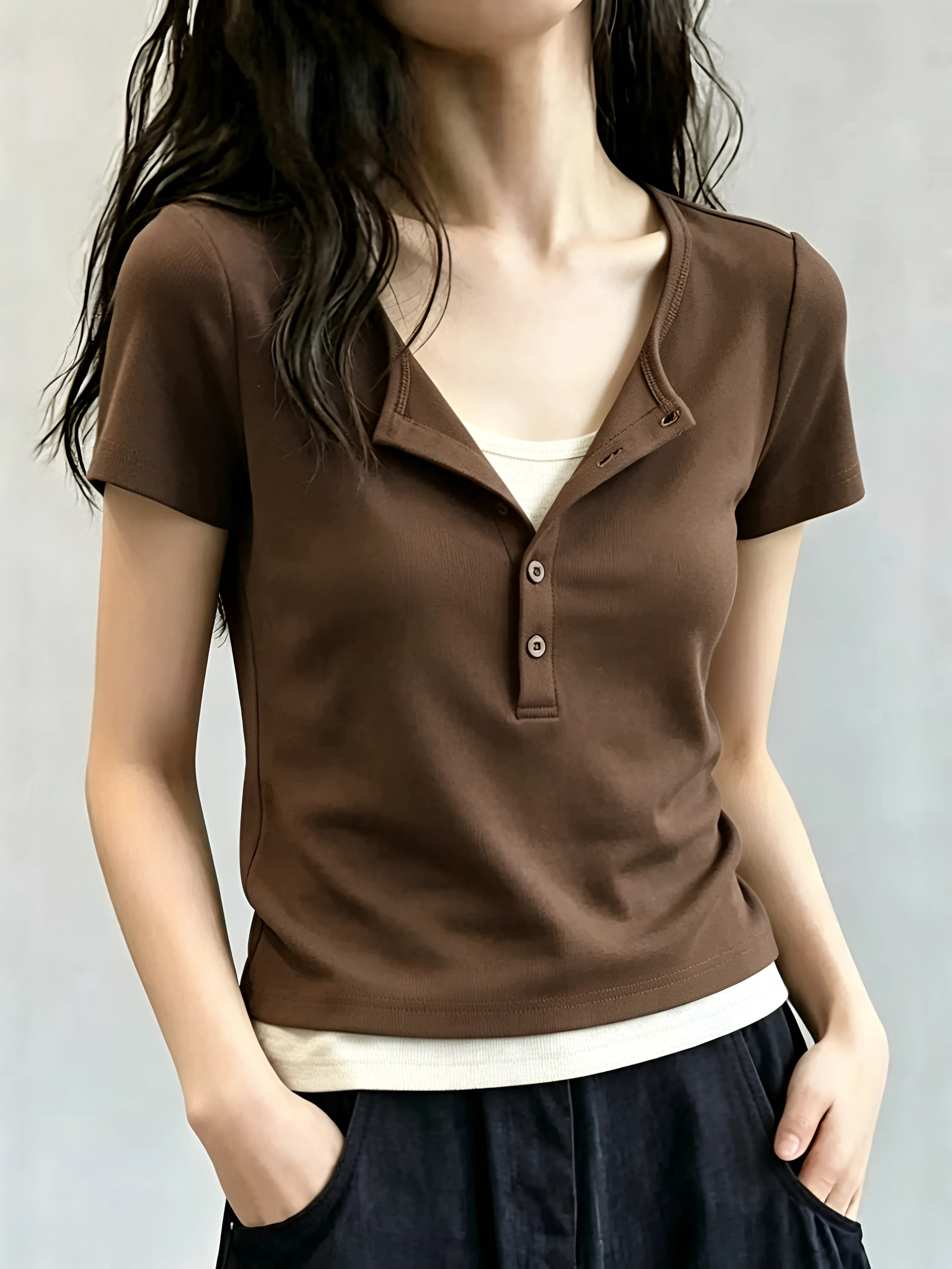 Summer Short Sleeve T-Shirt 95 Cotton Henry Collar Women's Fashion Casual Breathable Sweatshirt Large Size plus Size