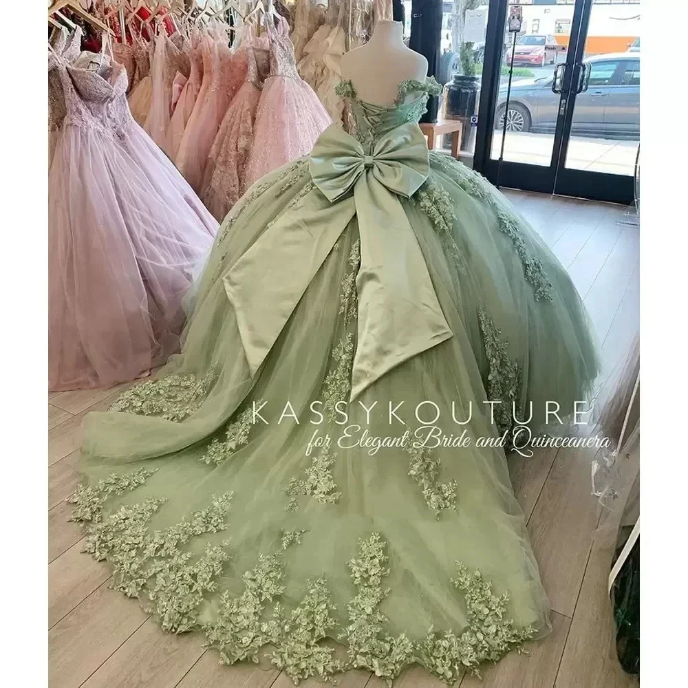 Vestidos de quinceañera verde con hombros descubiertos, apliques florales, corsé de encaje con lazo en la espalda, vestidos de fiesta para niñas dulces de 15