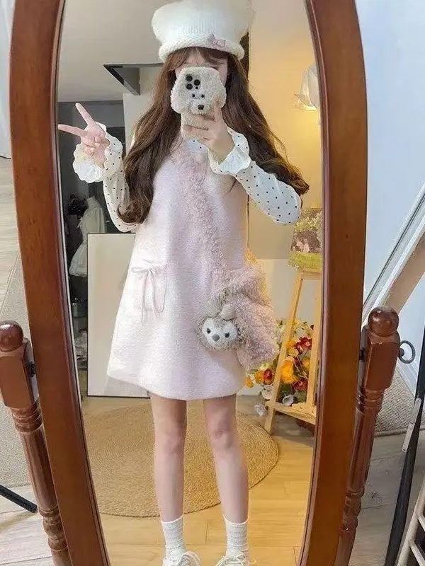 Sweet Girl Plaid Long Sleeve Bib Overalls Dress Set Women's Autumn Winter Small Size Age Reduction Two Piece Set Fashionable