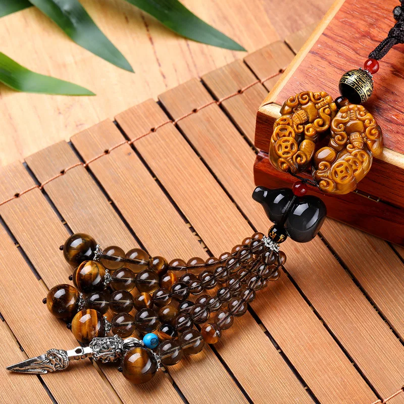 Natural Tiger Eye Stone Double a mythical wild animal Car Accessorie Safe travel Blessing Pendant Auto Rearview Mirror Ornaments