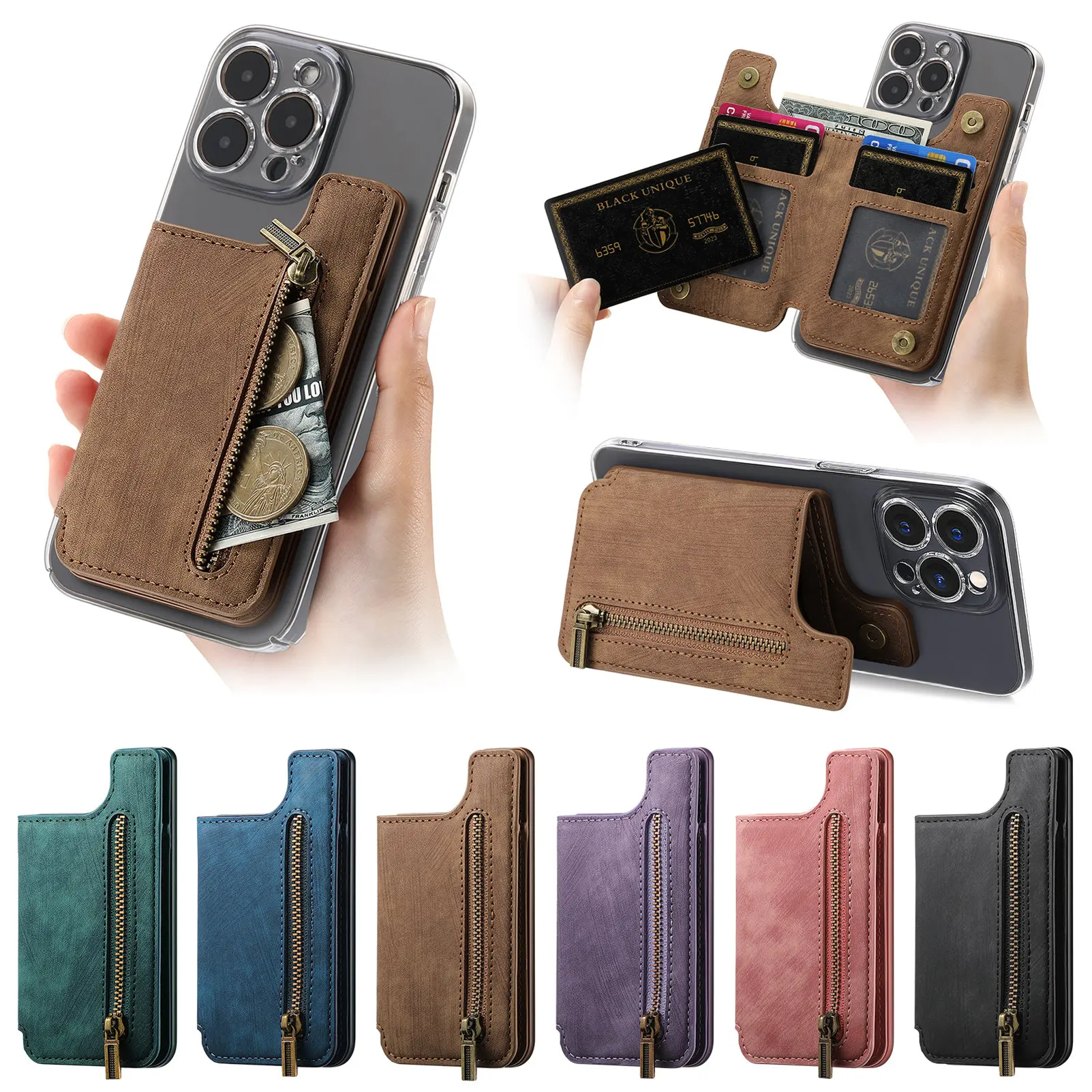 1Pc Retro Phone Case Card Holder With PU Leather Back Sticker Card Bag Portable Adhesive Universal Zipper Wallet Desktop Holder