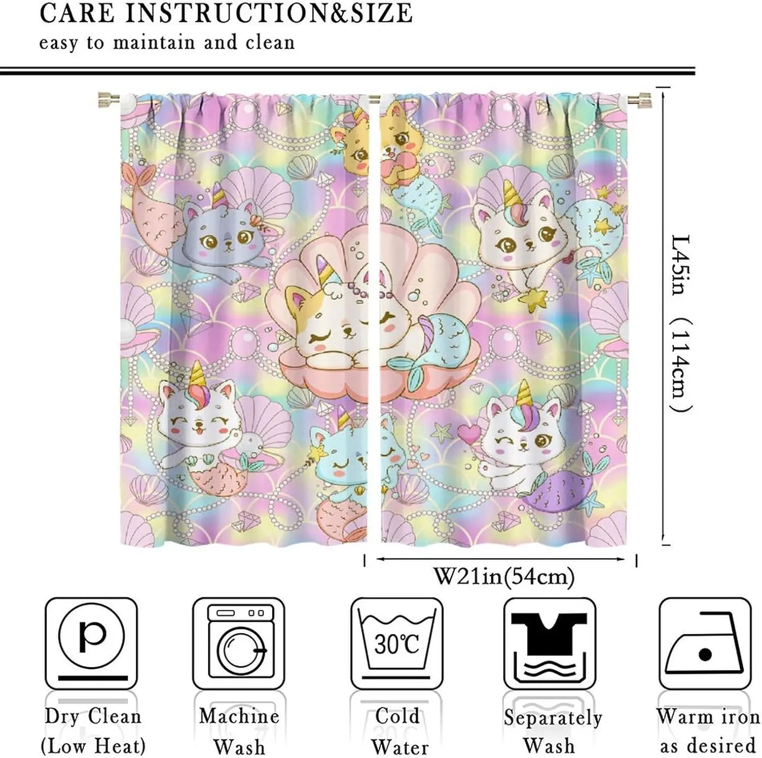 Cartoon Mermaid Unicorn Cat Curtains, Colorful Shell Fish Underwater Print Drapes for Girls Kids Bedroom Living Room Decor