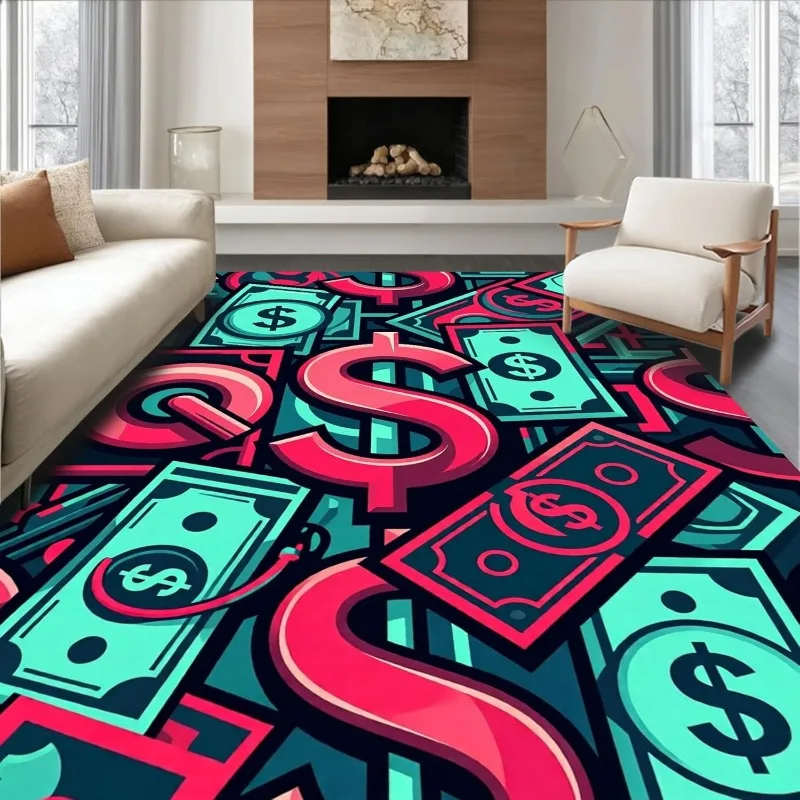 Vibrant Dollar Sign Cash Print Area Rug Soft Non-Slip Floor Carpet Bold Money Themed Decor Mat for Living Room Bedroom Game Room
