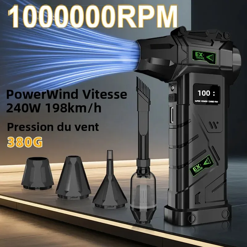 Ventilateur puissant et violent 1 000 000 tr/min, souffleur d'air turbo 380G, souffleur turbo à grande vitesse sans balais avec éclairage LED