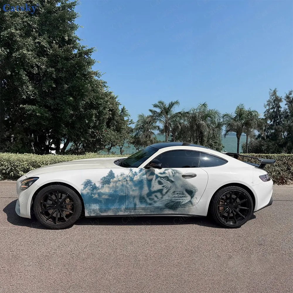 2pcs Mountain Forest Dreamscape Tiger Car Side Wraps, Self-Adhesive PVC Waterproof & Scratch-Resistant Stickers, Car Accessory
