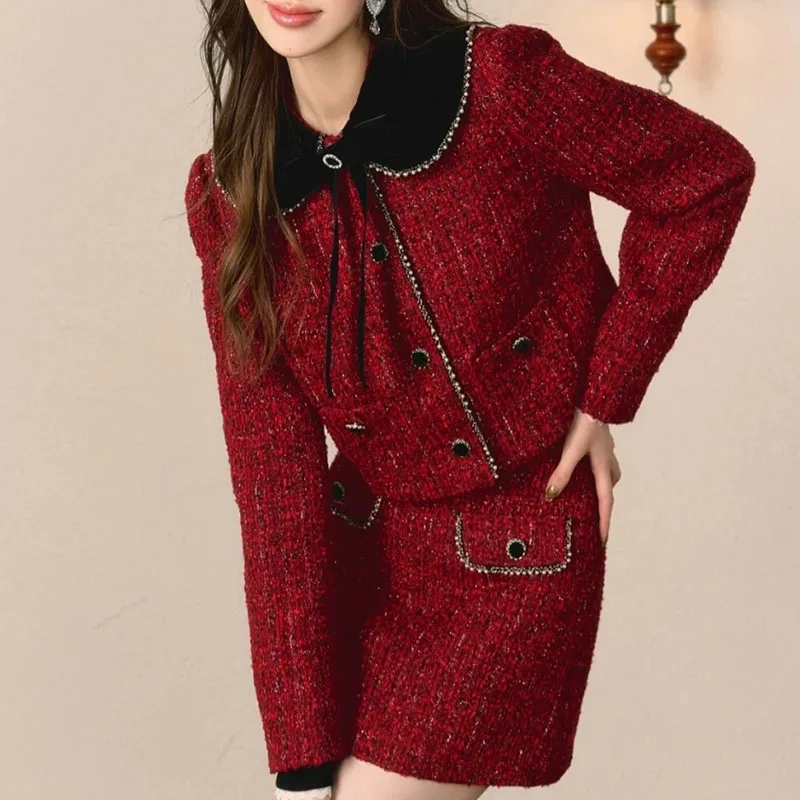 UNXX Wealthy Heiress Outfit Red Dress Chinese New Year Set Women's Autumn Winter Clothing Small Western-style Socialite Vintage