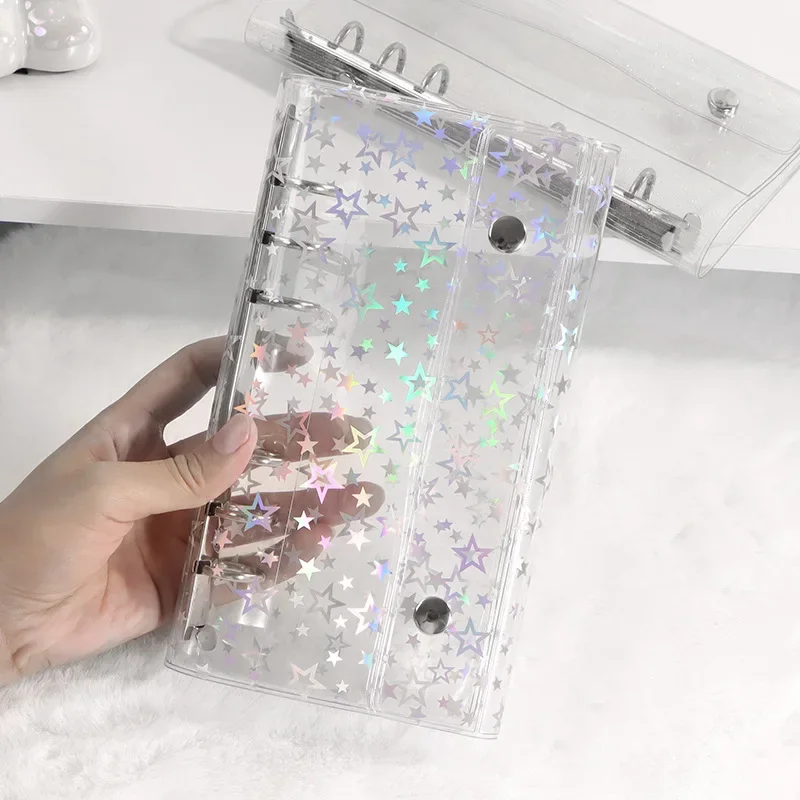 

A6 6-Hole Narrow Half Laser Full Sky Star PVC Double Buckle Flip Cover Three Fold Loose Leaf Notebook Detachable Cover