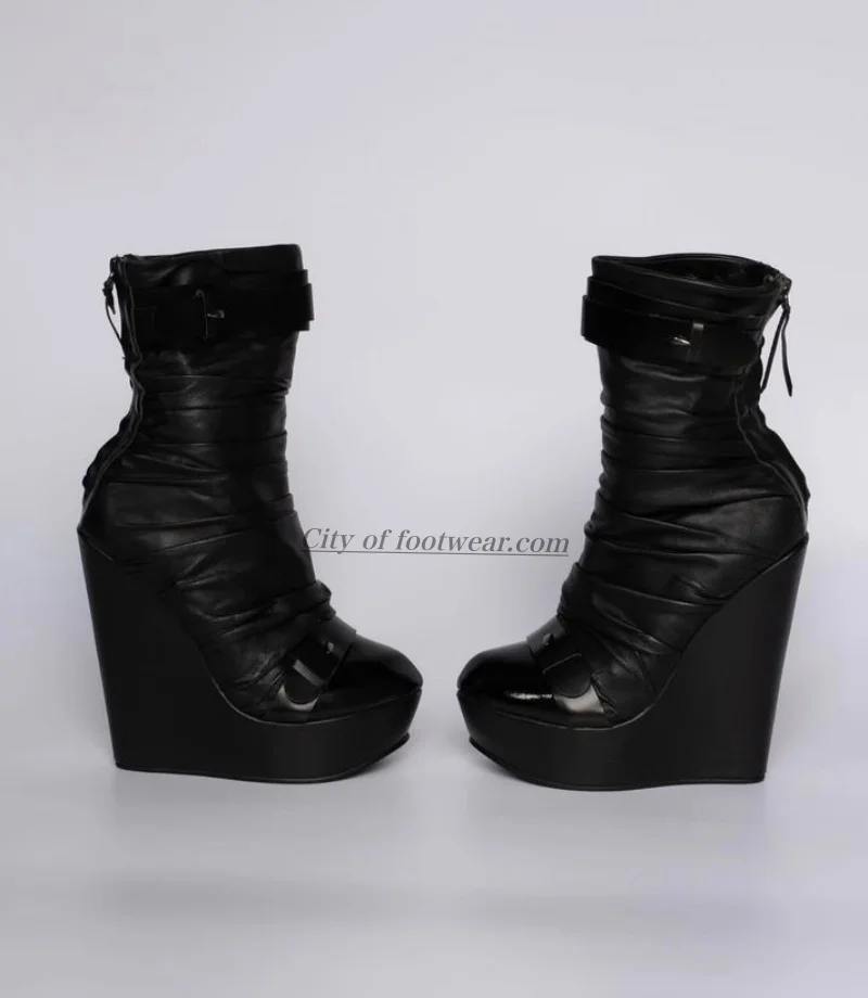 Bottines à talons hauts en cuir noir pour femmes, plateforme à bout rond, sexy, fermeture éclair, bottines vintage, grande taille, chaussures de créateur