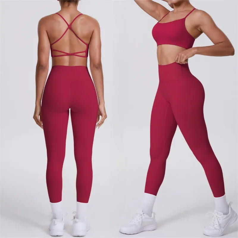 

"Women's Seamless Yoga Set - Cross Back Sports Bra & High Waist Booty Lifting Quick Dry Leggings - Gym Running Workout Outfit