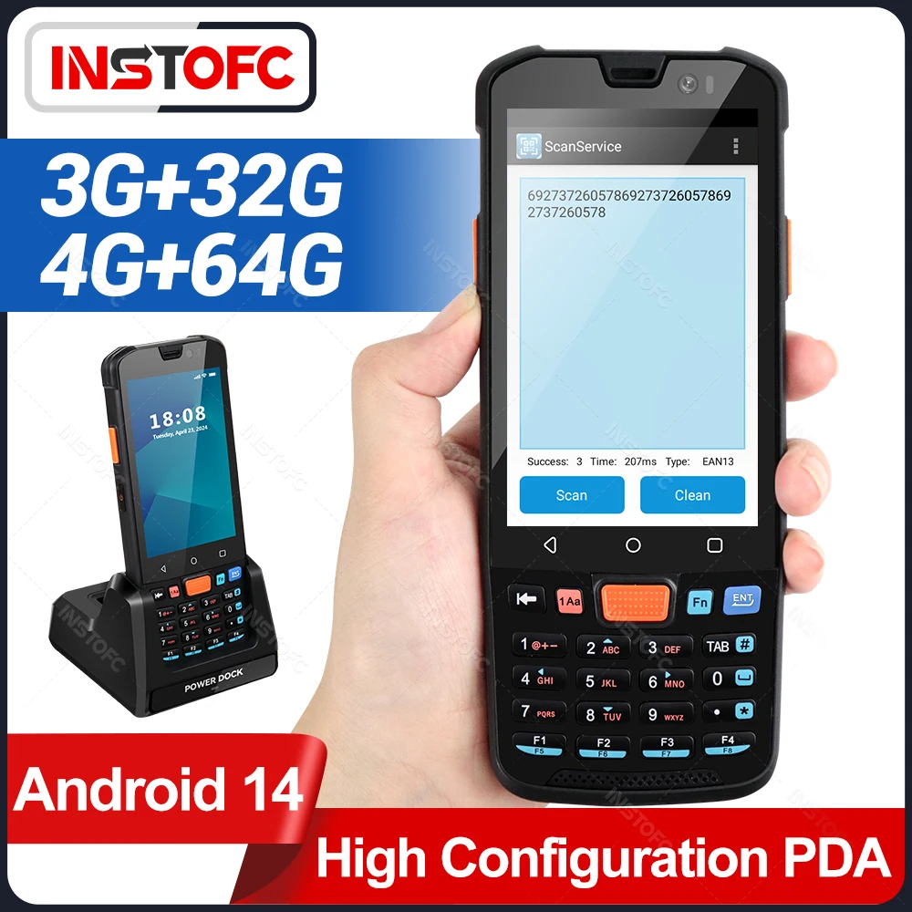 3G32G 4G64G Android 14 PDA Terminal with 1D 2D QR Barcode Scanner Reader Wireless Bluetooth GPS Google Wifi Support Physical key