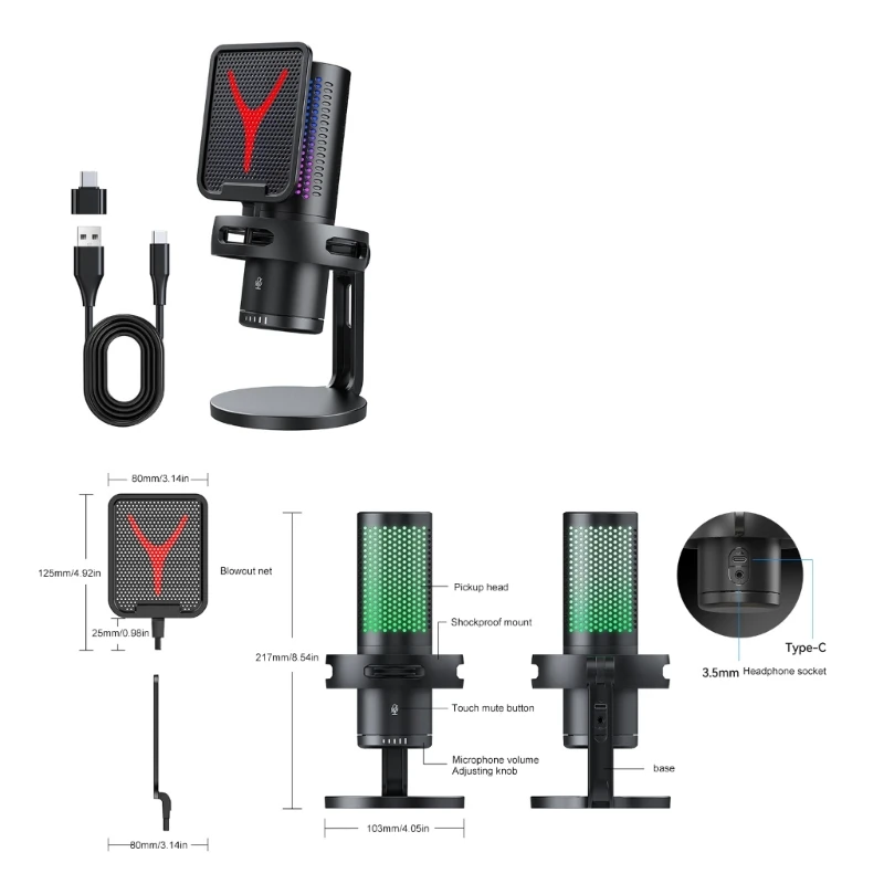 Micrófono USB escritorio con luces colores y ajuste micrófono condensador con botón silencioso