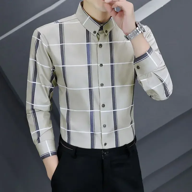 

Spring and Autumn Men's Pullover Collar Single Breasted Plaid Stripe Contrast Color Long Sleeve Shirt Fashion Casual Formal Tops