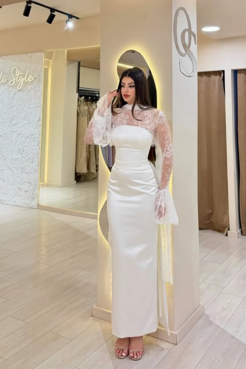 Jessica High-neck Lace Long-sleeved Evening Dresses White Prom Dresses Slim Fit Imitation Silk Satin Party Dresses