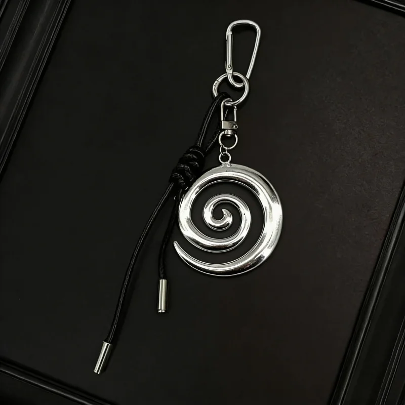 Vintage Metal Spiral Vortex Pendant Ornament For Women Punk Black Leather Rope Key Chains Y2K Aesthetic Jewelry Accessories