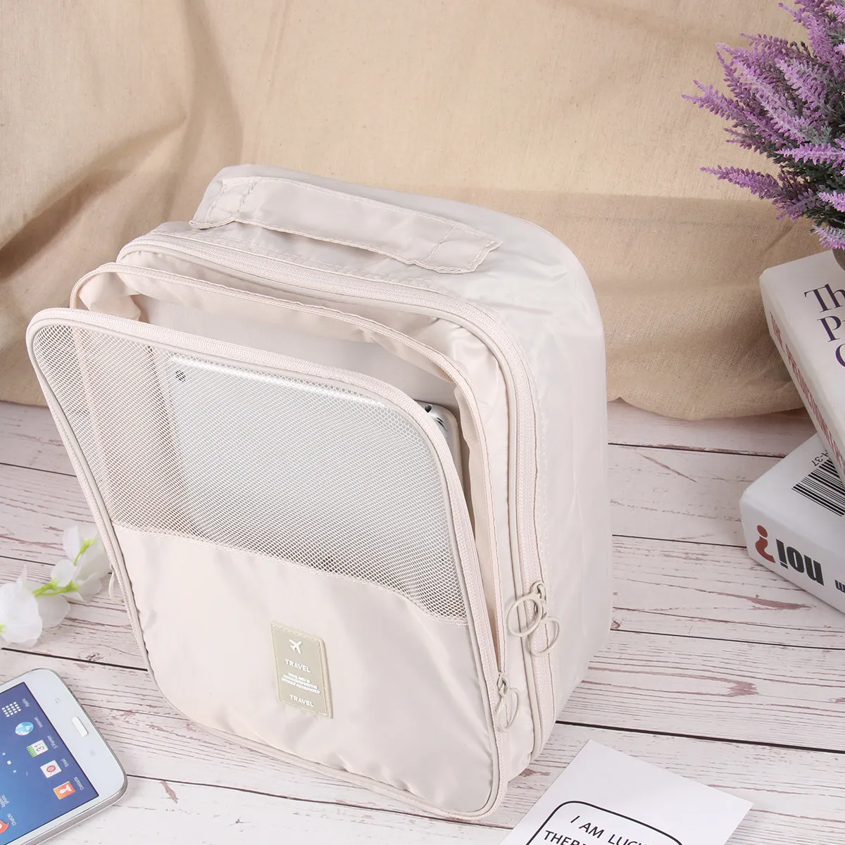 

Travel Shoes Storage Bag Double Layer Portable Dustproof Moistureproof Organizer Pouch Beige Waterproof Travel Shoe Organizer