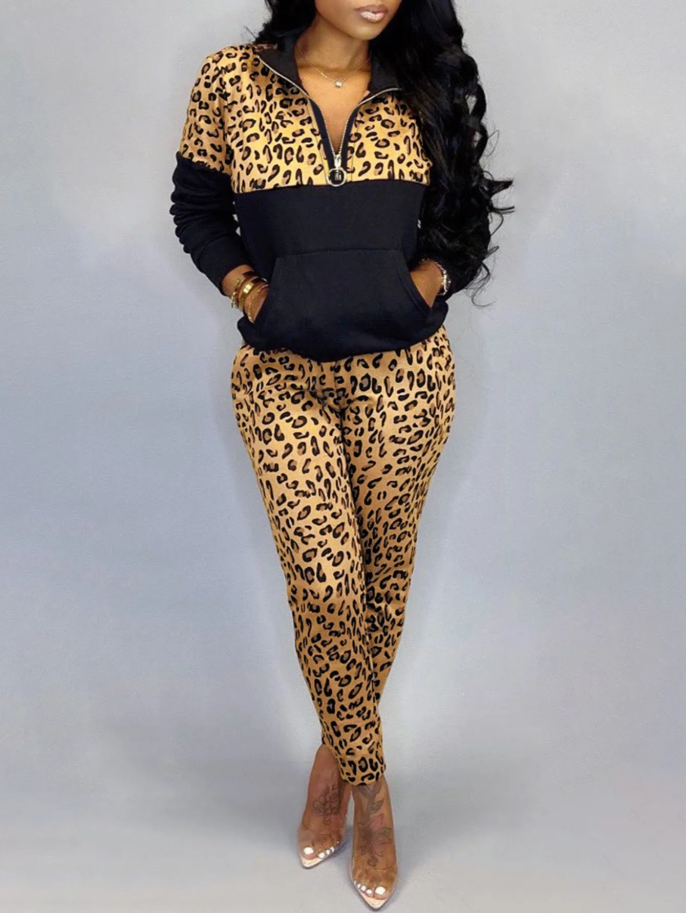 LW Plus Size Women\'s matching sets Leopard Print Kangaroo Pocket Pants Set 2024 NEW Spring women Two pieces sets Casual Oufits