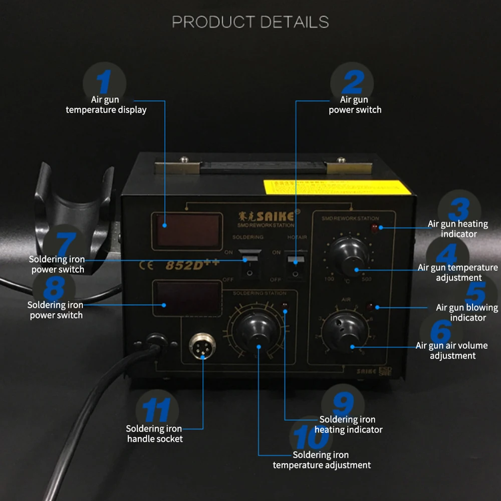 Saike 852d + estação de solda padrão pistola de ar quente, 220v ou 110v