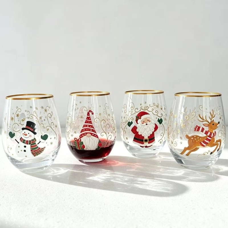 4pcs Set Painted Christmas Glass Goblet Xmas Wine Glass Red Wine Cup for Holiday Party Home Tabletop Atmosphere Decoration