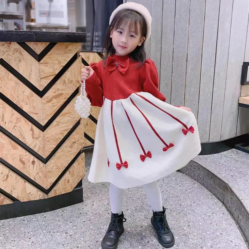 

Girls sweater dress 1-6Y autumn winter new thickened warm sweater skirt bow small fragrance princess skirt girl knitted dress