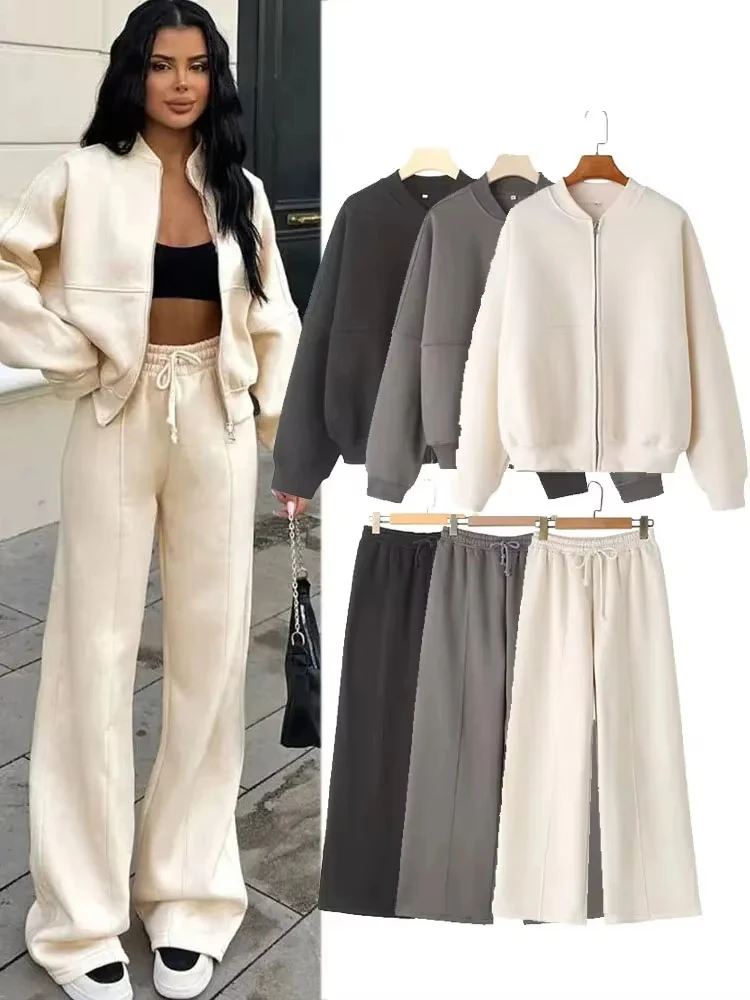 Women's Fall 2-Piece Retro Solid Color Zip Bomber Jacket Sweatshirt+High Waist Lace Up Women's Wide Leg Pants Street Wear