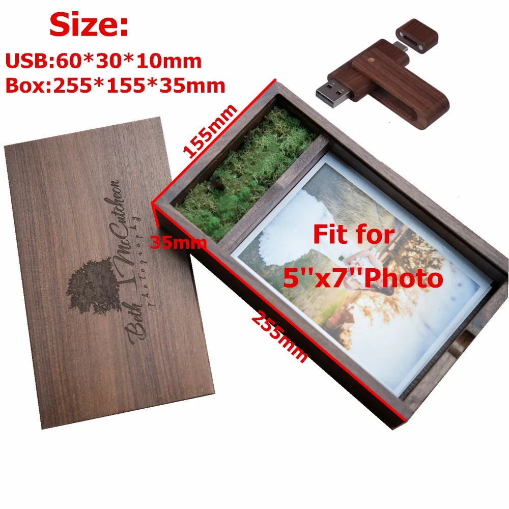 Free Custom Laser Engraving LOGO Walnut Album Box（25*15.5cm) and Type-C+USB Interface Flash Drive 16GB 32B
