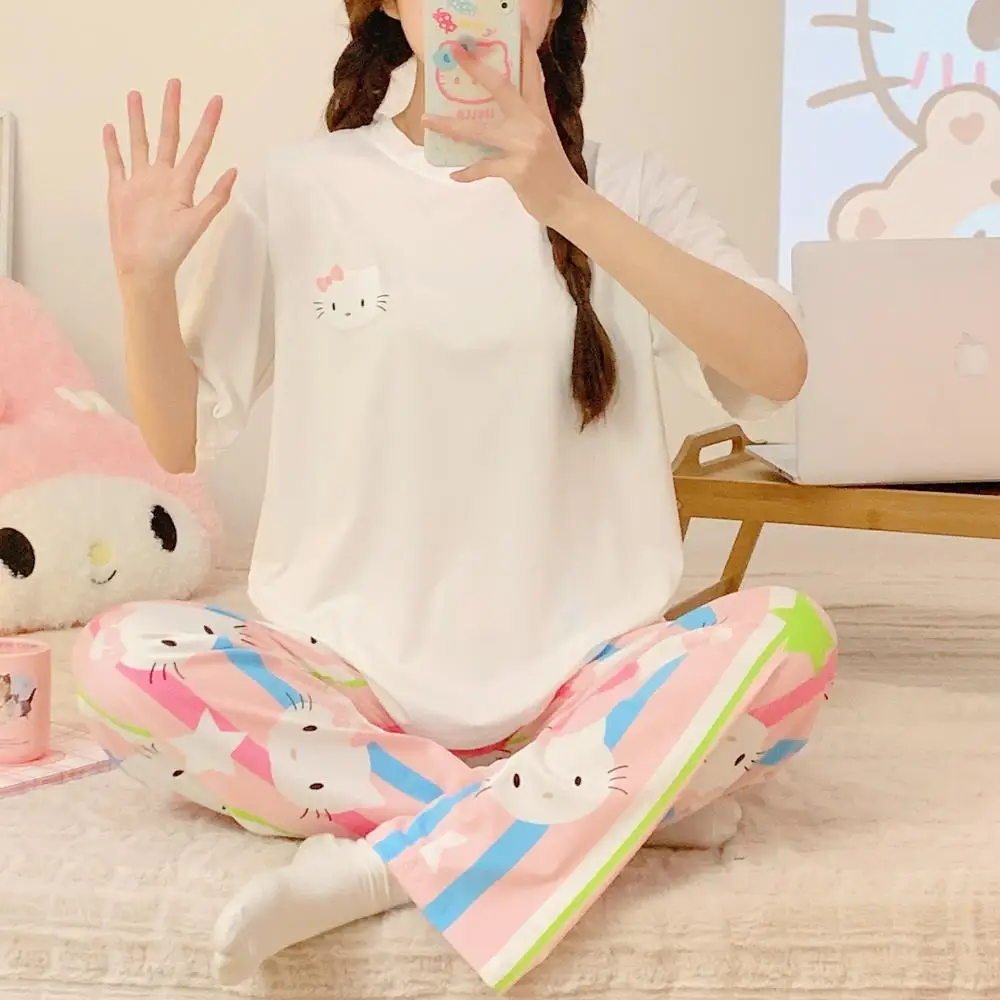 Cartoon Hello Kitty Pajamas Women Cotton Tops Pants Short Sleeves Sanrioed Anime Kawaii Summer Autumn Homewear Cute Girls Loose