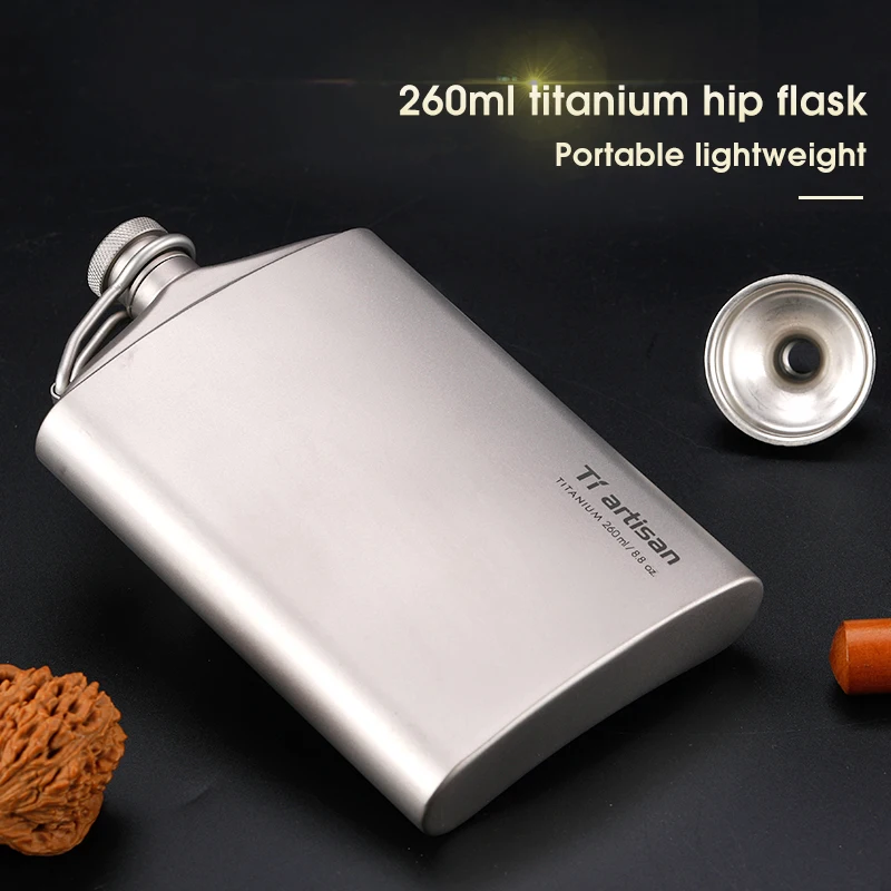 Tiartisan 200ml/260ml Portable Pure Titanium Hip Flask With Funnel Outdoor Hiking Pot Whiskey Wine Pot Bottle