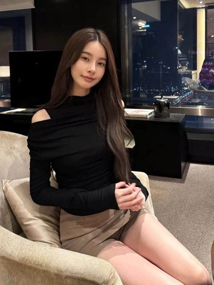 T-shirt manches longues col rond femme, Chic coréen, Patchwork, Sexy, épaules dénudées, bas, Y2K, mode épissage, faux t-shirts 2 pièces, automne