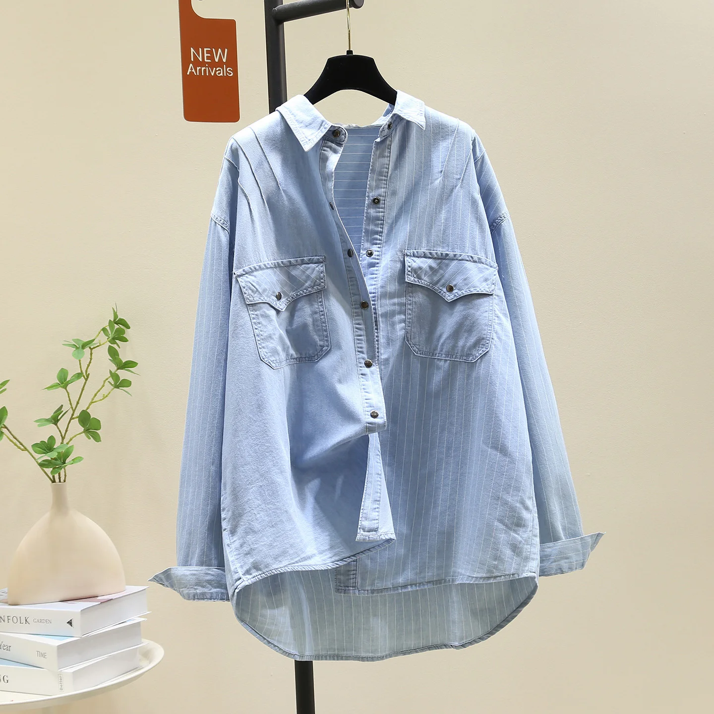 

SuperAen Vintage Denim Women Long-sleeved Loose Striped Shirt Design Autumn New Single-breasted Korean Style Shirts