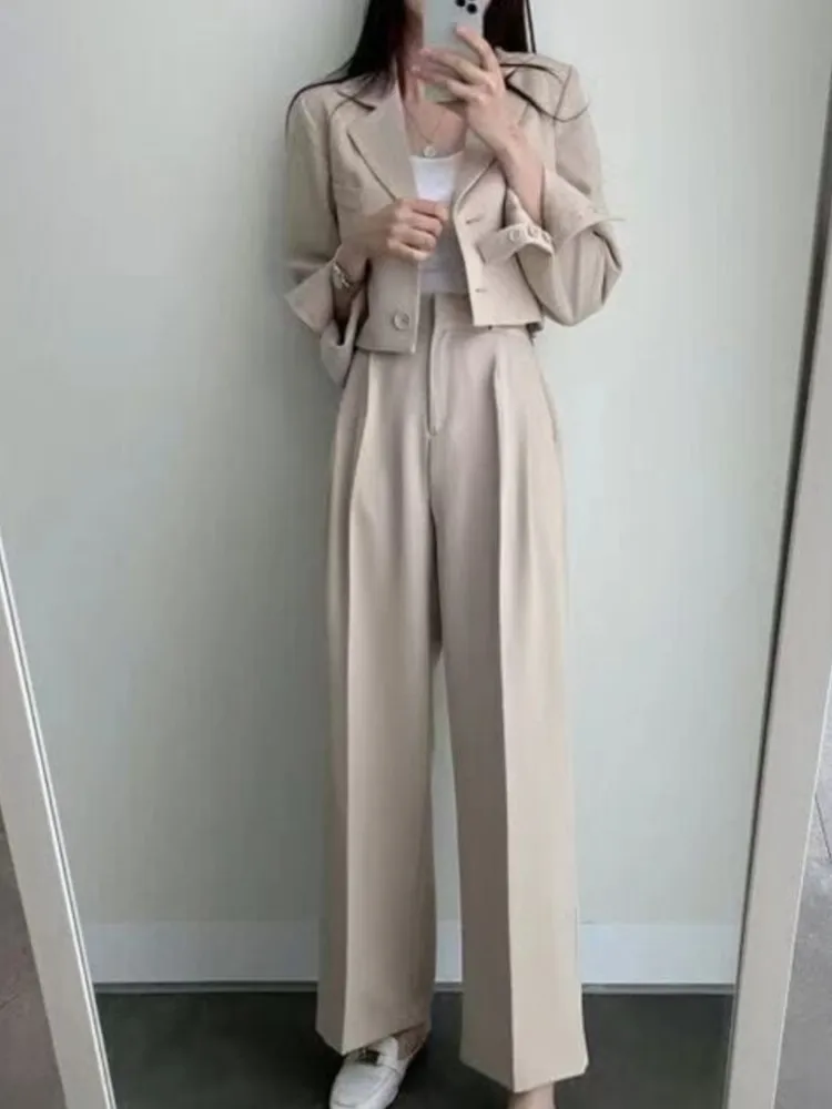 Korean Fashion Women Elegant Casual Business Pantsuits Vintage Chic Crop Blazer Jackets Straight Pants Two Pieces Female Outfits