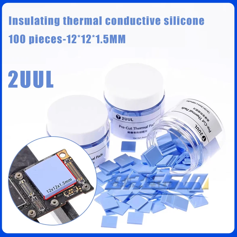 2UUL Pre-Cut Thermal Silicone Pads SC02 100Pcs/Box 12x12x1.5mm For CPU Chip Heat Heatsink Cooling Conductive Board Silicone Pad