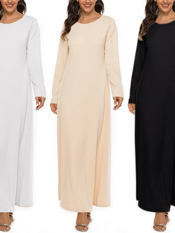 Women\'s Muslim Worshipwear Basic Long sleeved Laydown Round Neck Dress Middle Eastern Solid Color Robe