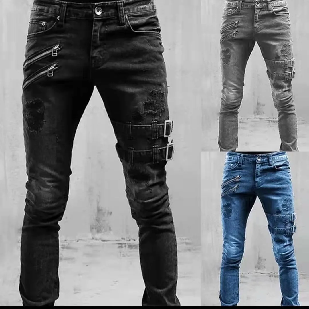 

Big Size Straight Jeans Man Pants Spring Summer Boyfriend Jeans Streetwear Skinny Zips 3 Colors Long Denim Trousers
