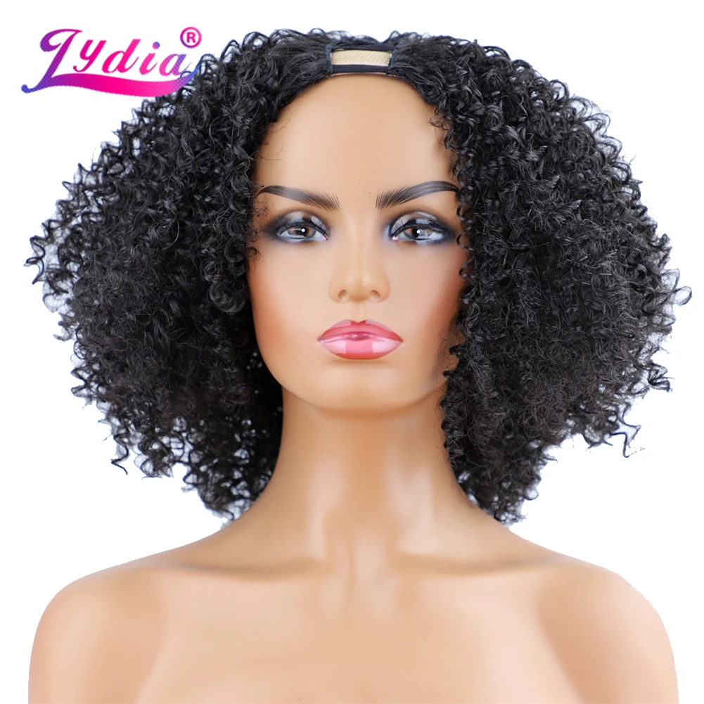 Lydia U-Part  Fluffy Wig Afro Kinky Curly Pure Black Hair 150% Density Heat Resistant Synthetic Daily Party Wigs For Women 16IN