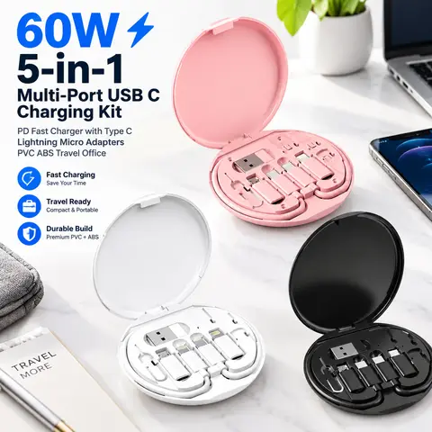 60W 5-in-1 Multi-Port USB C Charging Kit PD Fast Charger with Type C Lightning Micro Adapters PVC ABS Travel Office