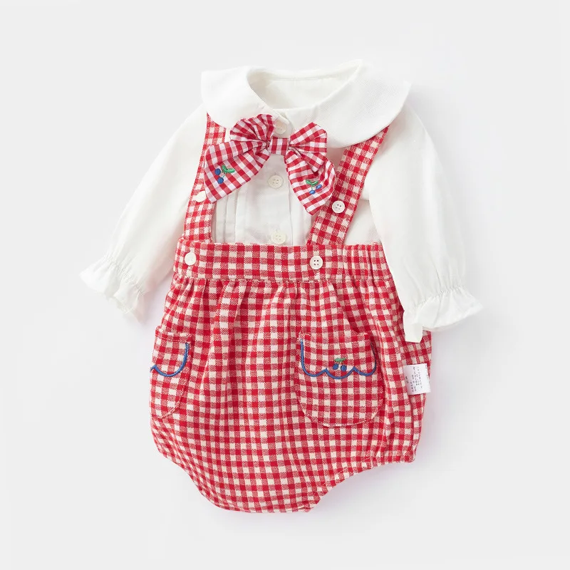 2024 Newborn Baby Girls Two Piece Set Fashion Doll Neck Long Sleeve Tops Red Plaid Suspenders Shorts Toddler Summer Romper Suits