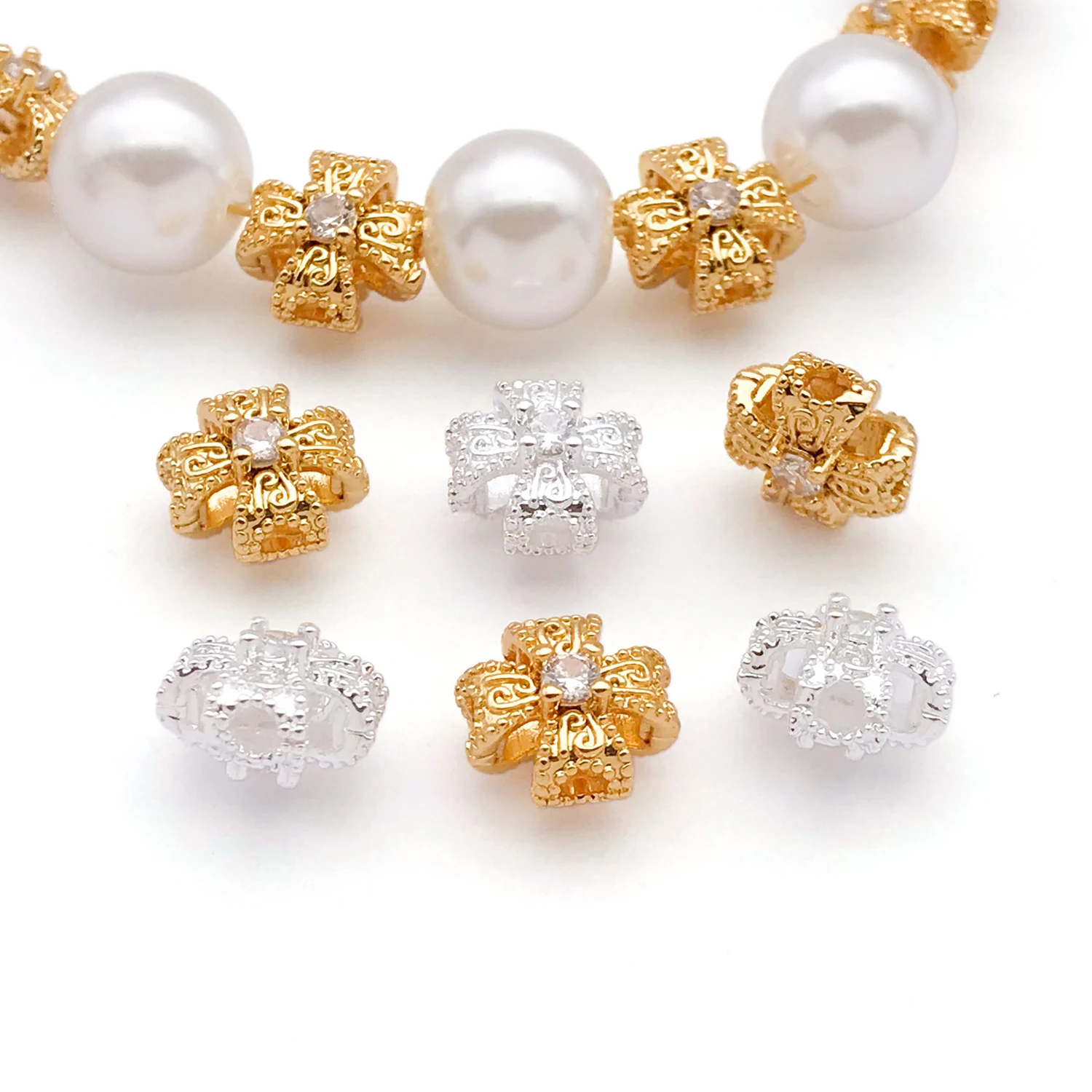2pcs 18K Real Gold Plated Brass Cross Spacer Beads, Inlay Zircon For DIY Bracelet Necklace Jewelry Making Accessories