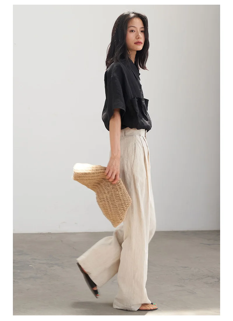 Fengbaoyu High-end 100% Pure Linen Women's Pants Simple Elegant, Casual Loose-Fitting Pants Business Casual Wear, Fashionable