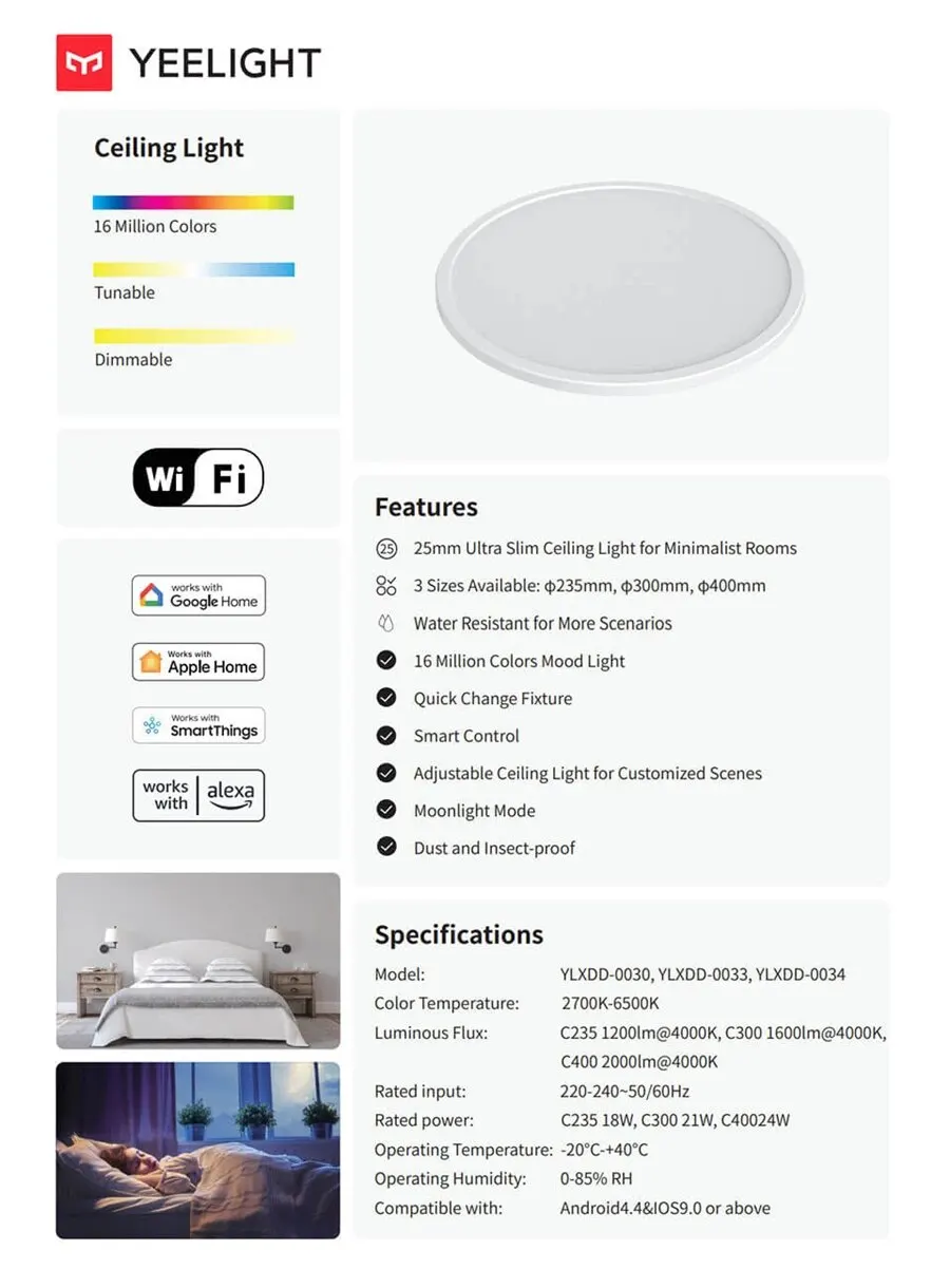 Wersja globalna Yeelight inteligentna lampa sufitowa RGB Wifi 18W/21W możliwość przyciemniania 2700-6500K Ultra cienkie inteligentne sterowanie